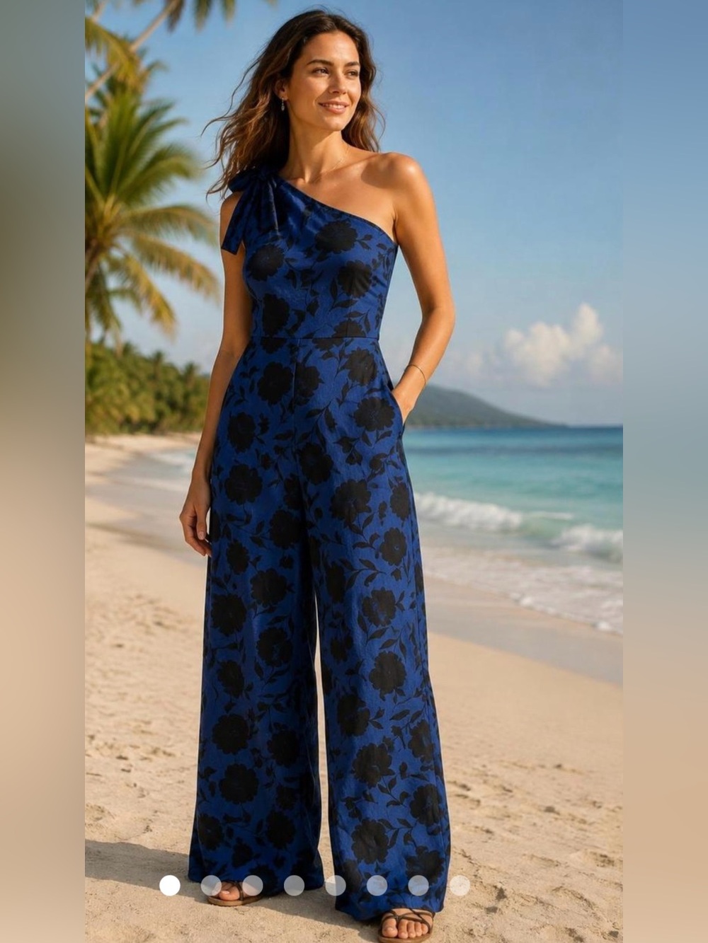 Kate Spade One-Shoulder bow Blue Floral Wide-Leg Jumpsuit coastal cottagecore